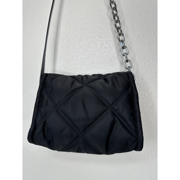 BYL Small Black Padded Nylon Crossbody Bag Leather & Chain Strap - Picture 7 of 16